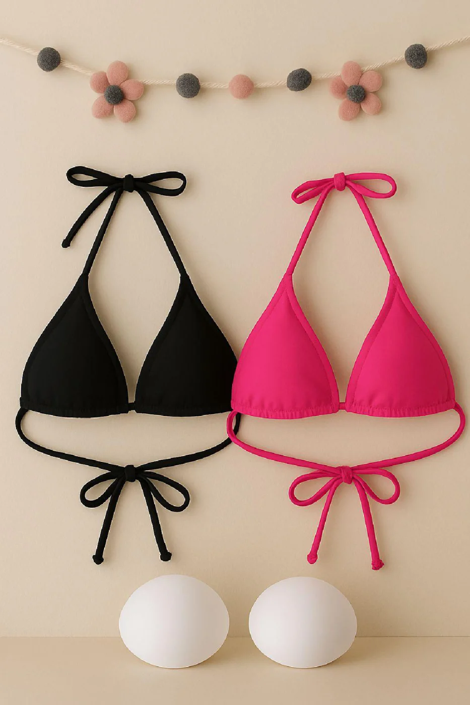 Kadın Siyah ve Fuşya Minimal Kesim Üçgen Bikini Üstü