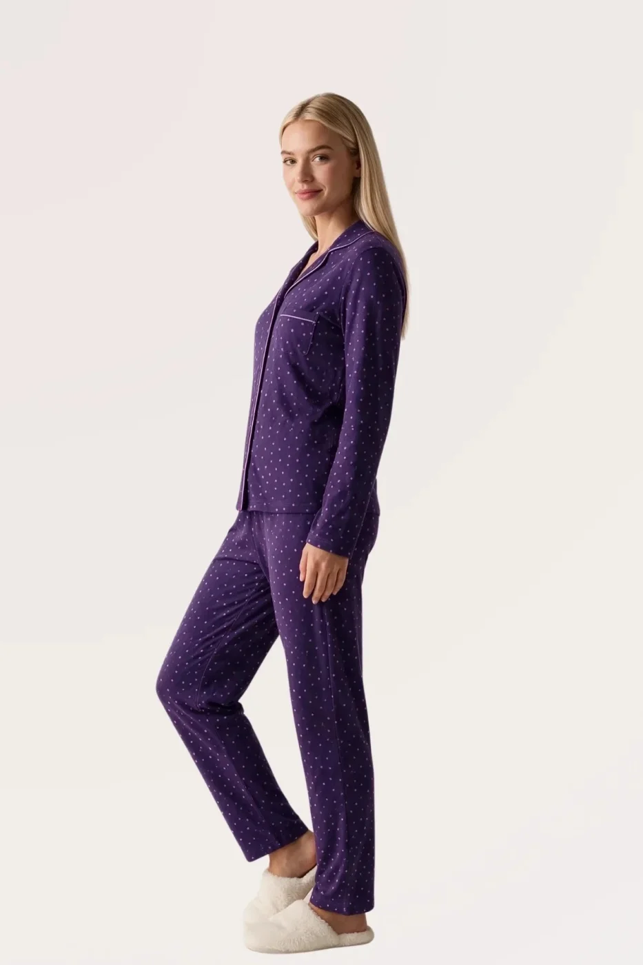 Pjs 30167 Kadın Uzun Kol Puantiyeli Düğmeli Pijama Takımı görsel 3