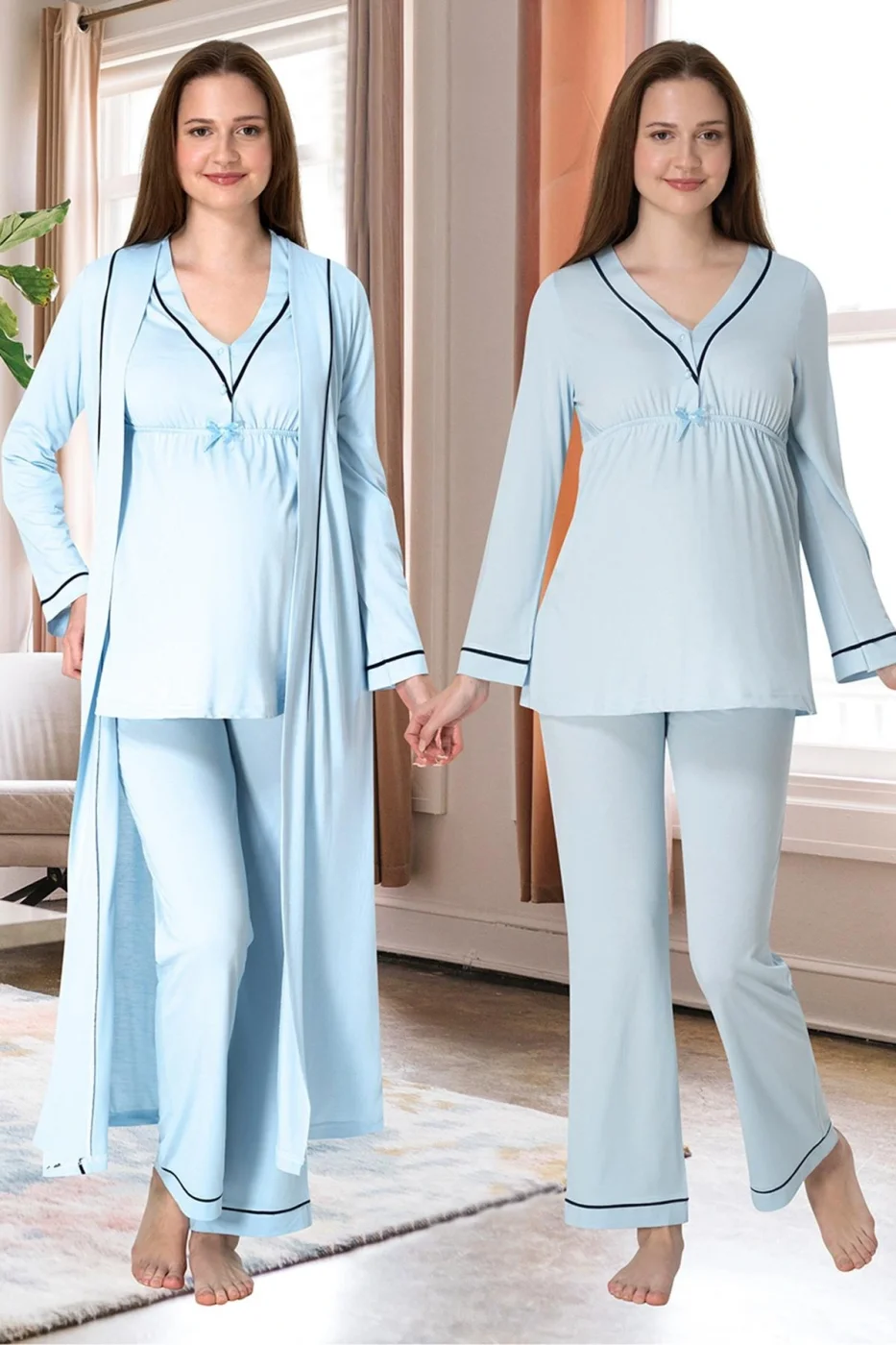 Effortt 4054 Biye Detaylı Sabahlıklı Lohusa Pijama Takımı