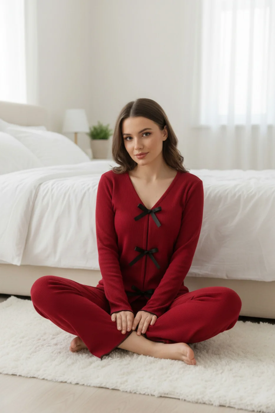 Kadın Bordo Fiyonklu İç Çamaşırı ve Uzun Kollu V Yaka Pijama Takımı 4'lü Set görsel 3