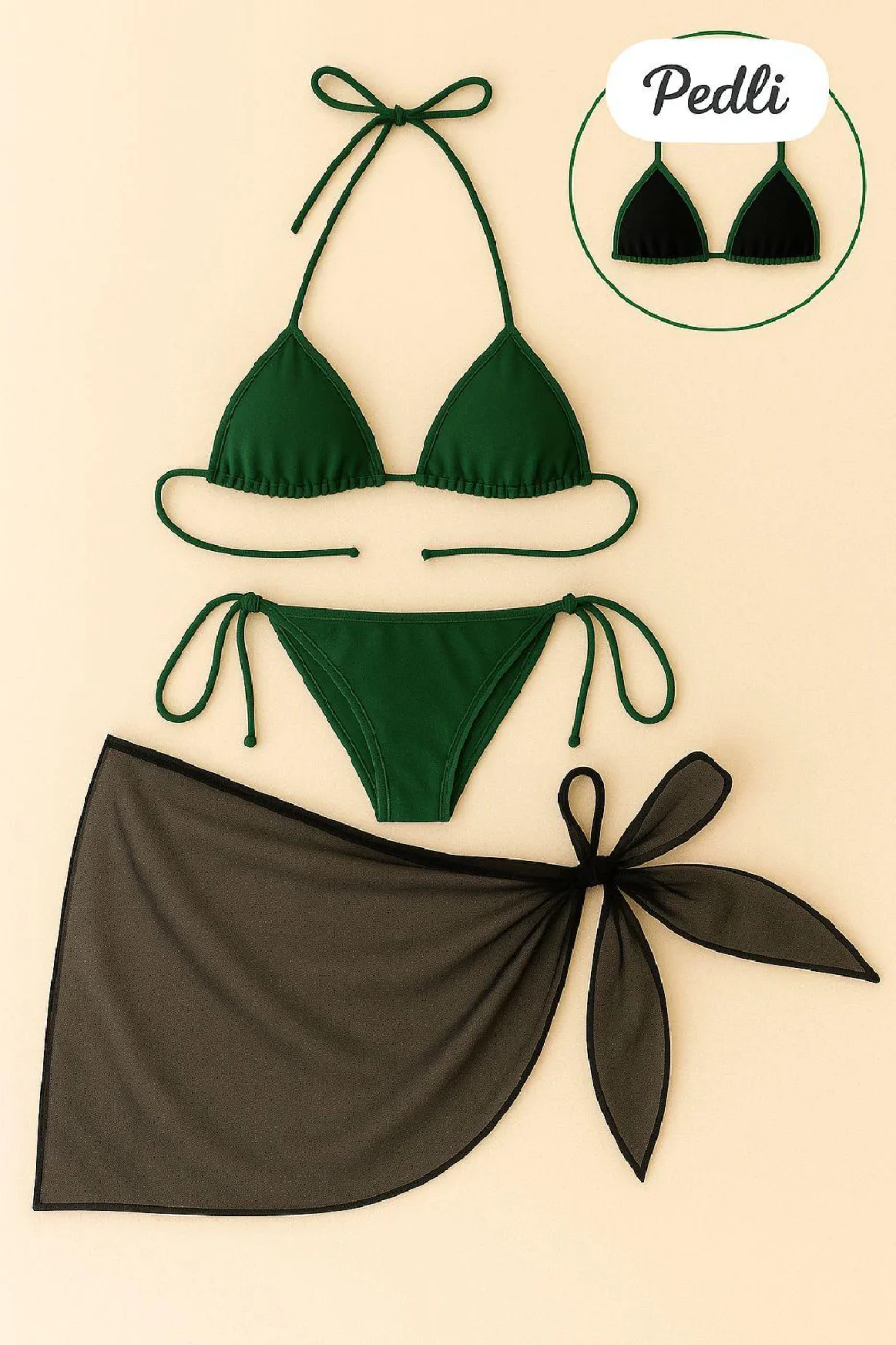 Kadın Yeşil Siyah Pareolu Yandan ve Boyundan Bağlamalı 3'lü Bikini Takımı