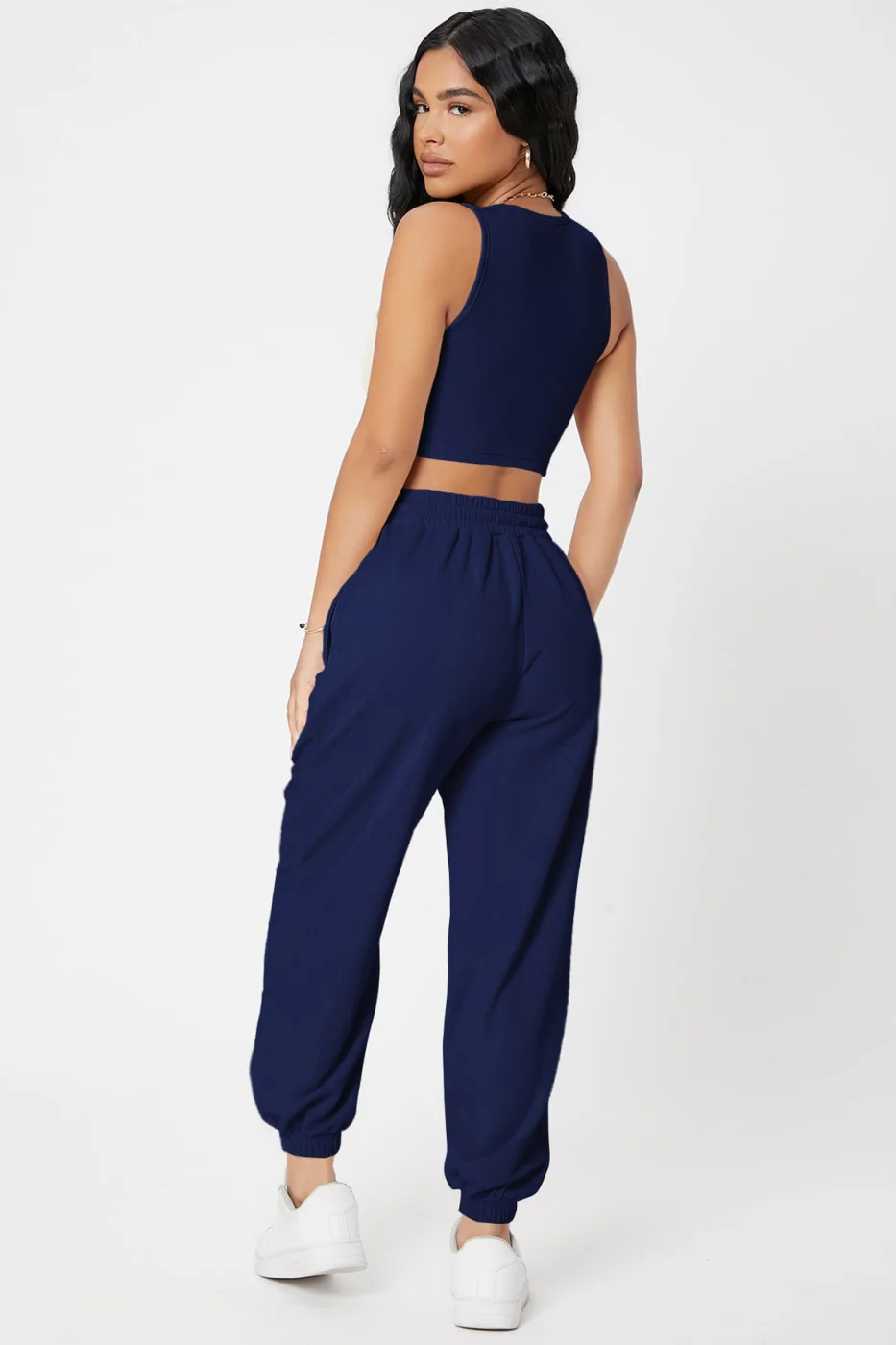 Kadın Lacivert Kaşkorse Cepli Jogger Eşofman Altı ve Crop Top Bluz görsel 2