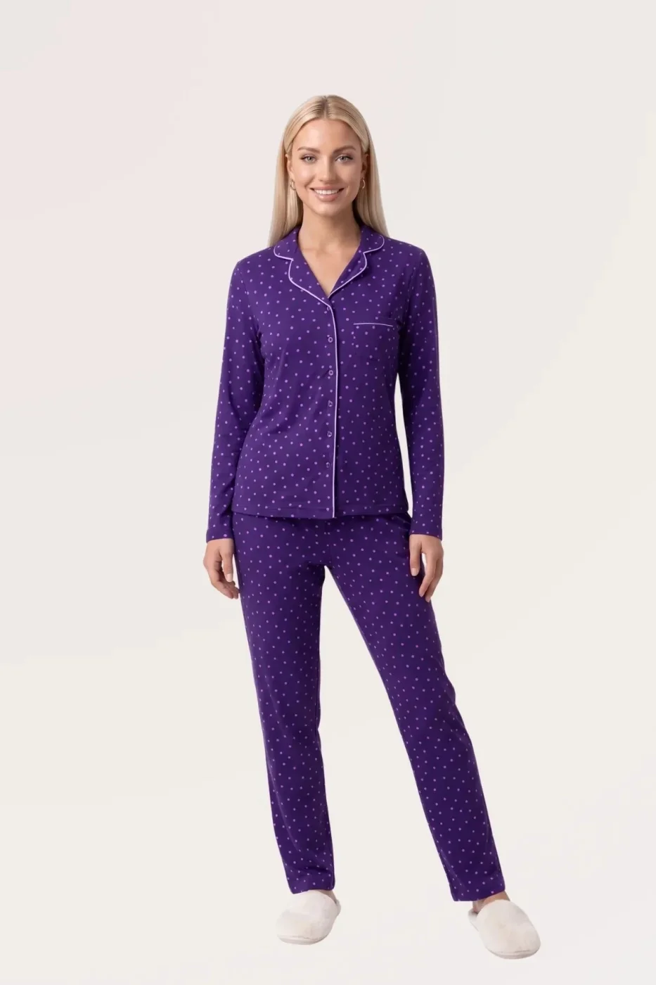 Pjs 30167 Kadın Uzun Kol Puantiyeli Düğmeli Pijama Takımı görsel 2