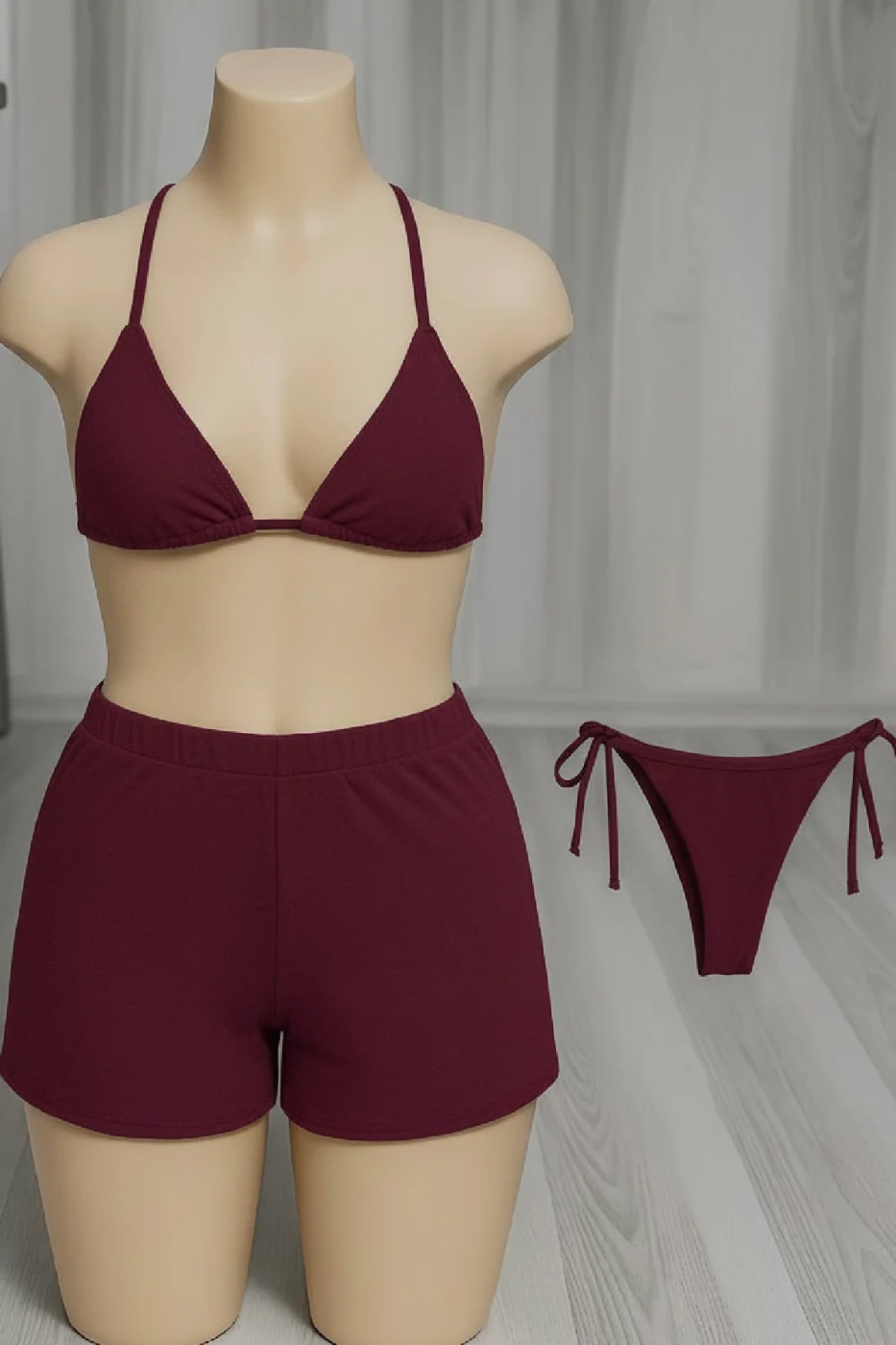 Kadın 3'lü Set Bordo Şortlu ve Yandan Bağlamalı Bikini Mayo Takımı görsel 3