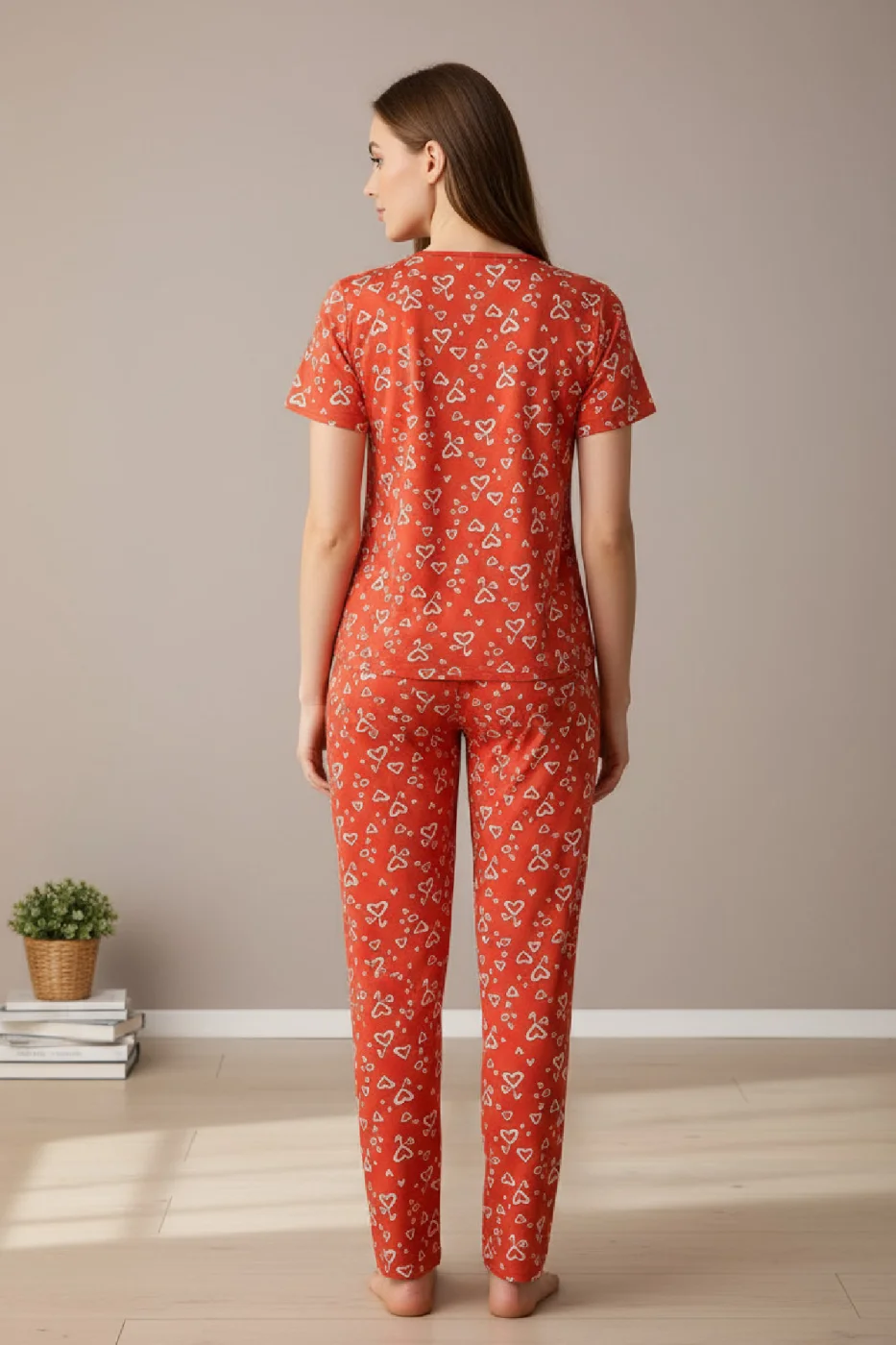Kadın Turuncu Kalp Desenli Fiyonklu Kısa Kollu Uzun Pijama Takımı görsel 8