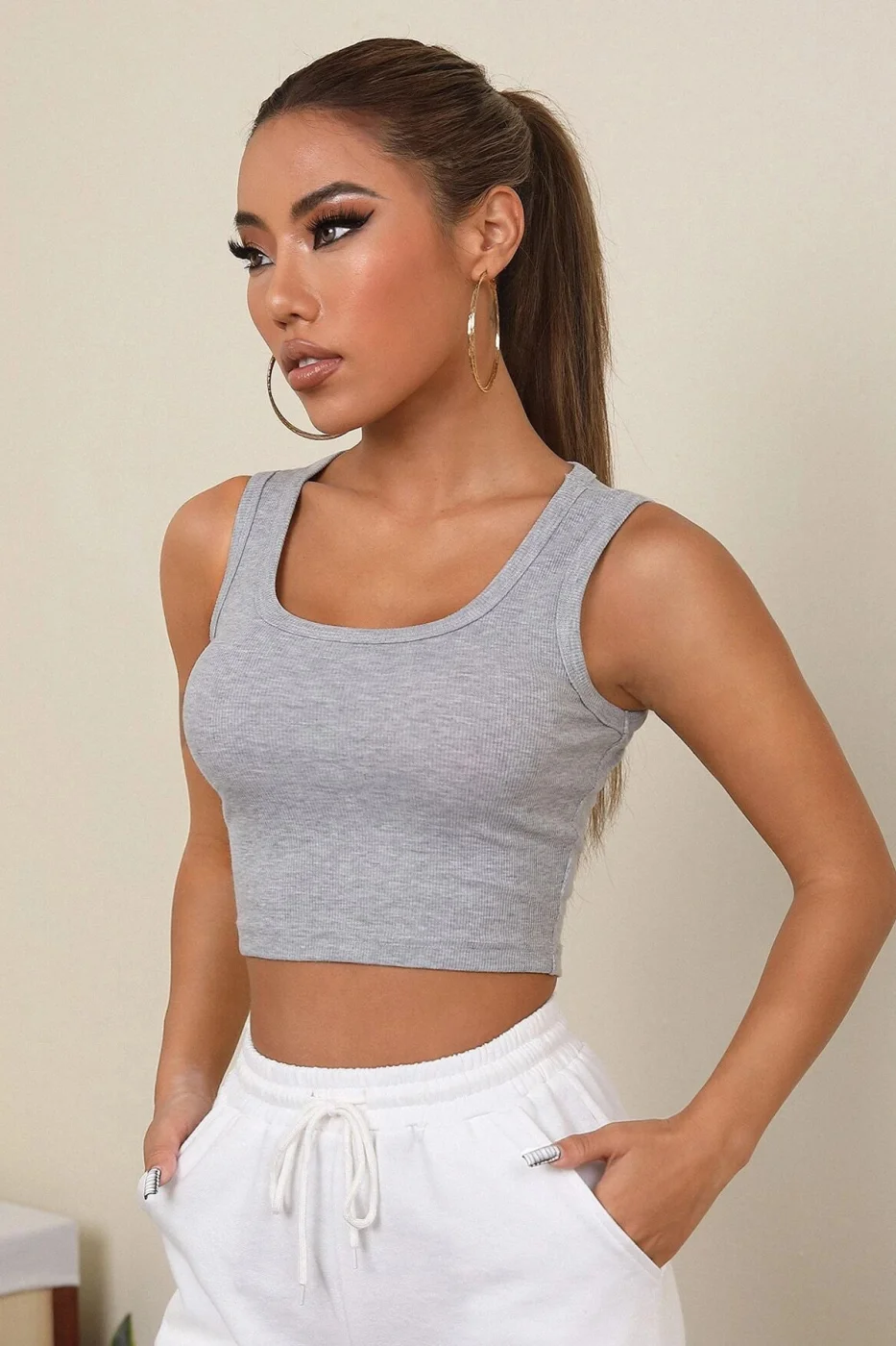 Kadın Gri Kare Yaka Crop Top Bluz görsel 3