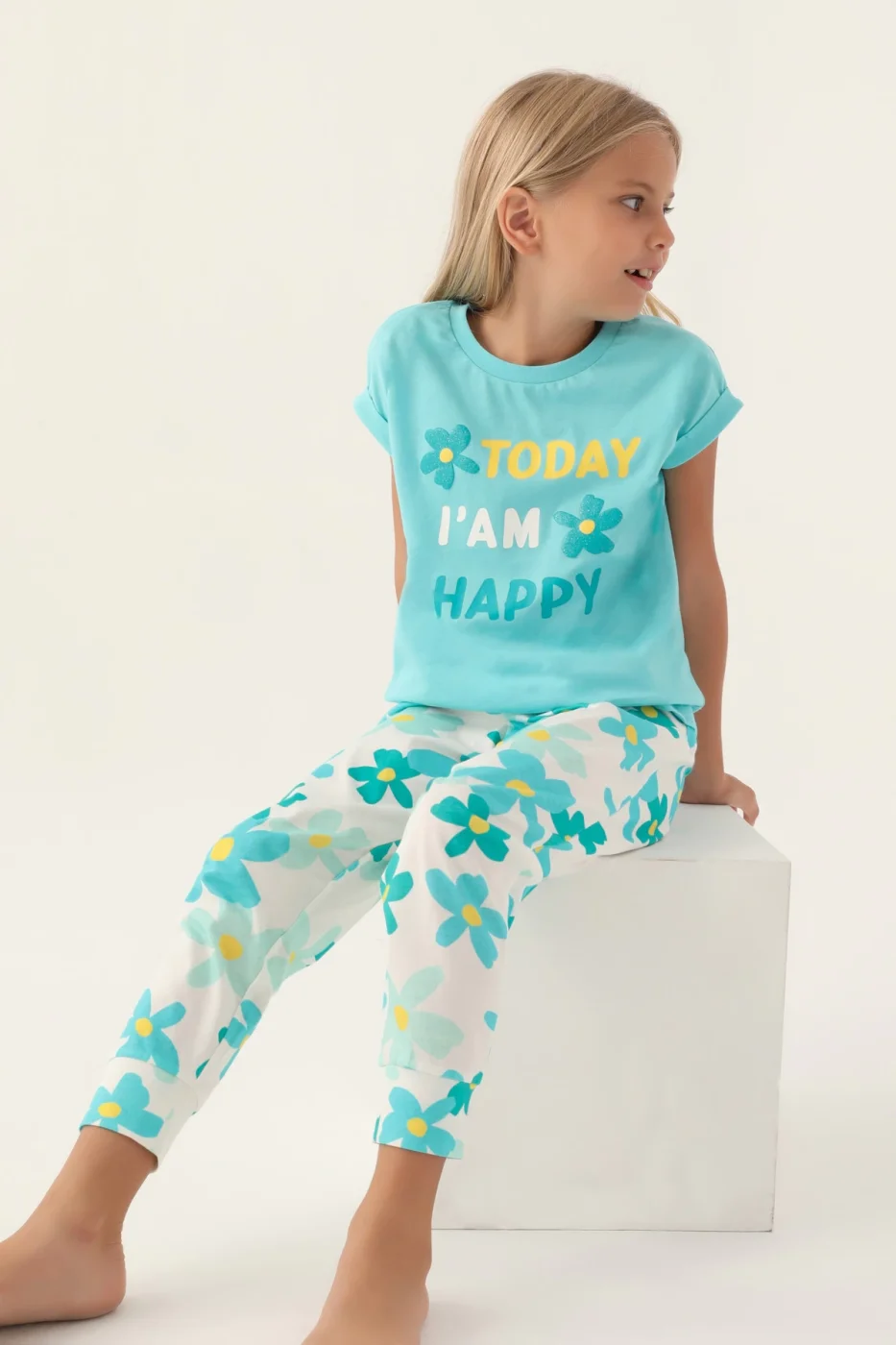 Roly Poly 3394-2 Kız Çocuk Çiçekli Kısa Kol Pijama Takım görsel 3