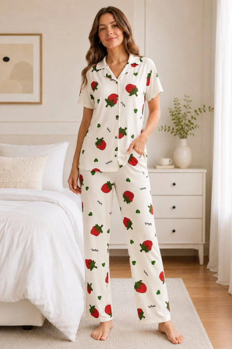 Ekru Çilek Desenli Kısa Kollu Gömlek Yaka Milan Kumaş Kadın Pijama Takımı görsel 3