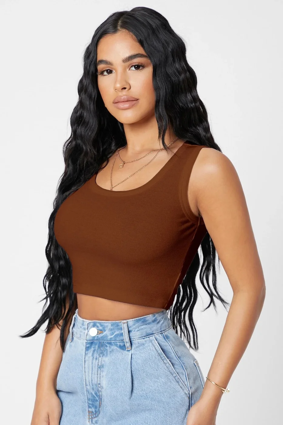 Kadın Kahverengi Kare Yaka Crop Top Bluz görsel 5