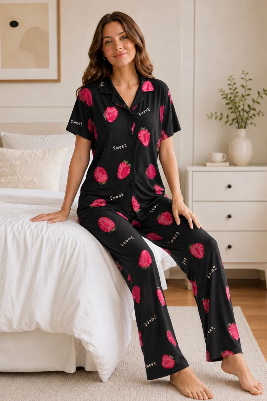 Siyah Çilek Desenli Kısa Kollu Gömlek Yaka Milan Kumaş Kadın Pijama Takımı görsel 2