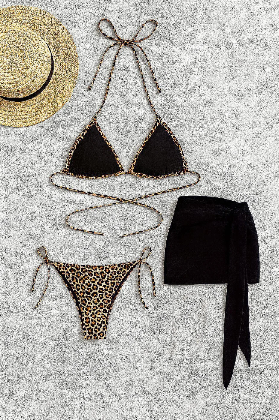 Kadın Siyah ve Leopar Desenli Pareolu 3'lü Bikini Takımı görsel 5