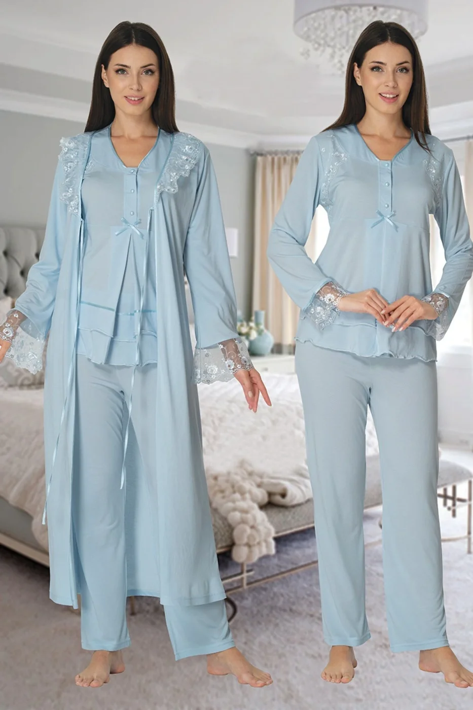 Effortt 2424 Uzun Dantel Sabahlıklı Lohusa Pijama